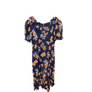 eShakti Blue Orange Floral Ruffle Collar Cotton Midi Dress Womens 2 Puff Sleeve